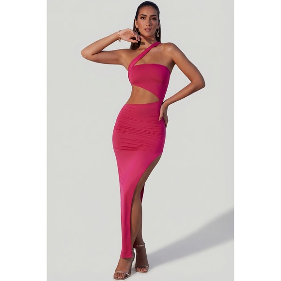 Oh Polly Dresses & Skirts - Oh Polly Fuchsia One Shoulder Cut Out Ruched Maxi Dress Pink Size 8 NWT